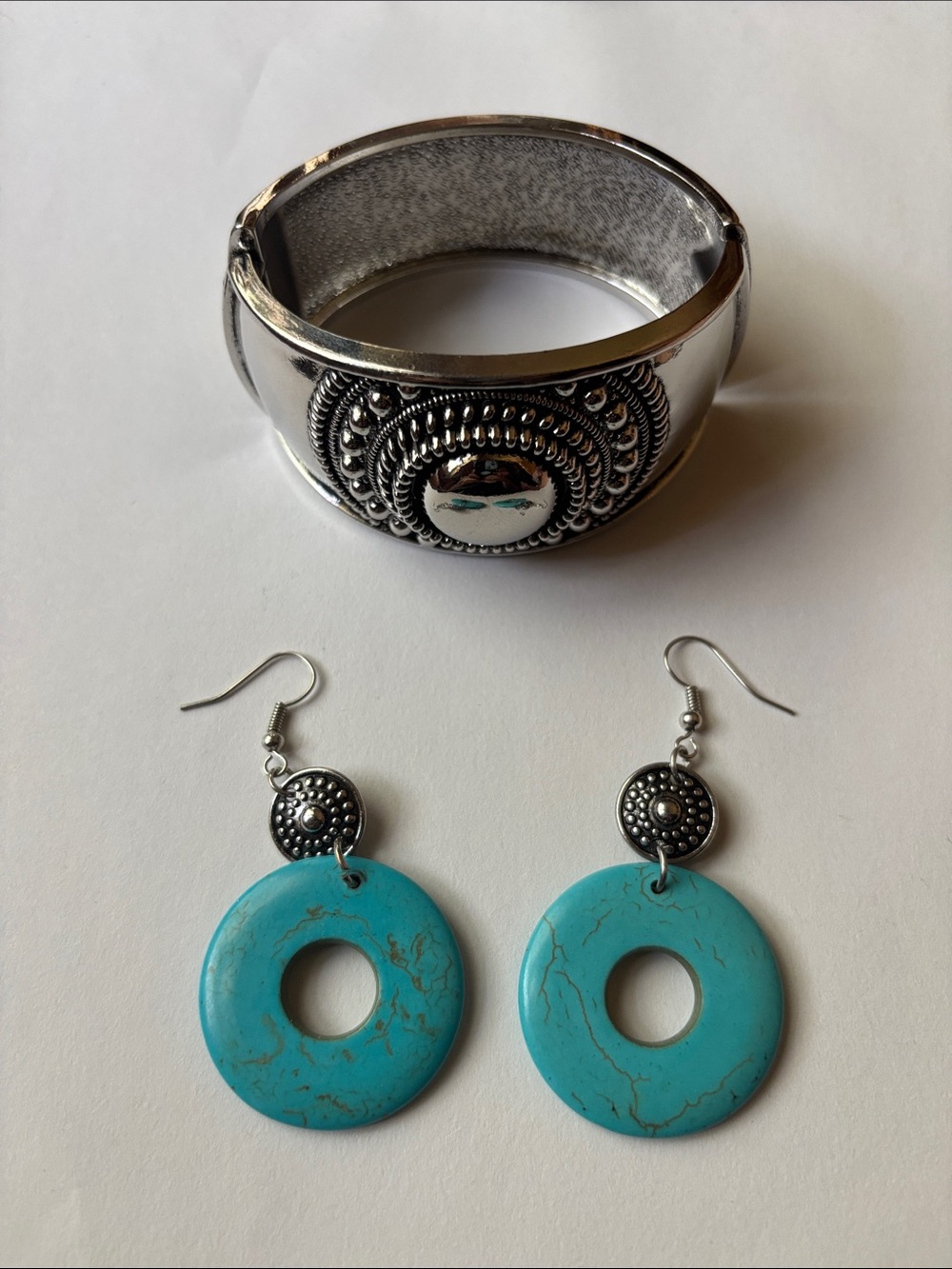 Silver-Tone Bangle and Turquoise Drop Earrings Set